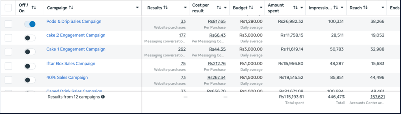 Meta Ads Manager campaign results overview