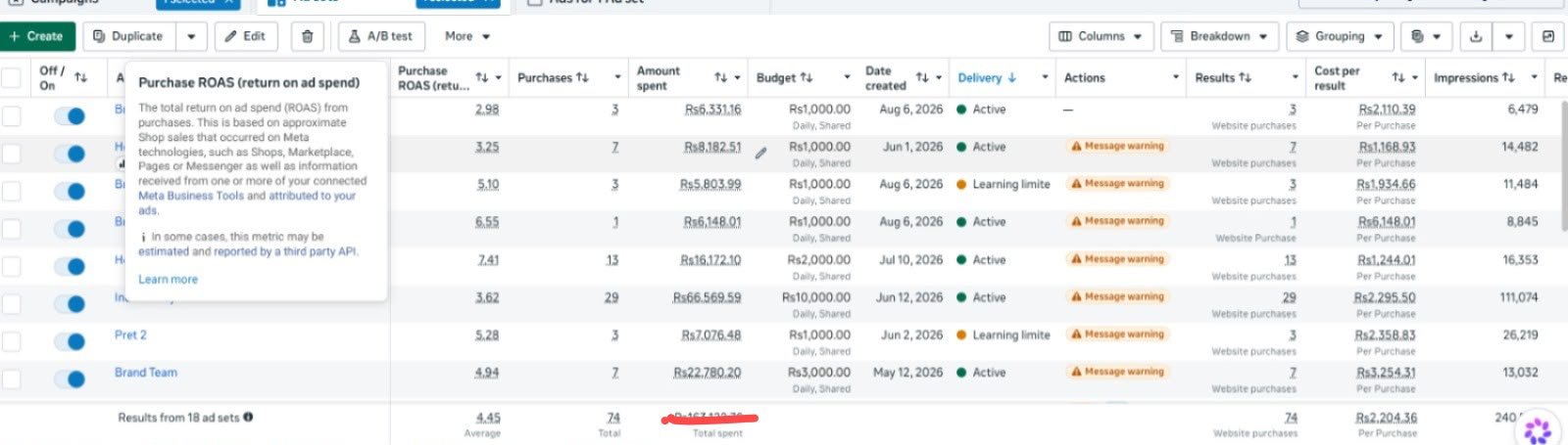 Meta Ads Manager showing purchase ROAS across ad sets
