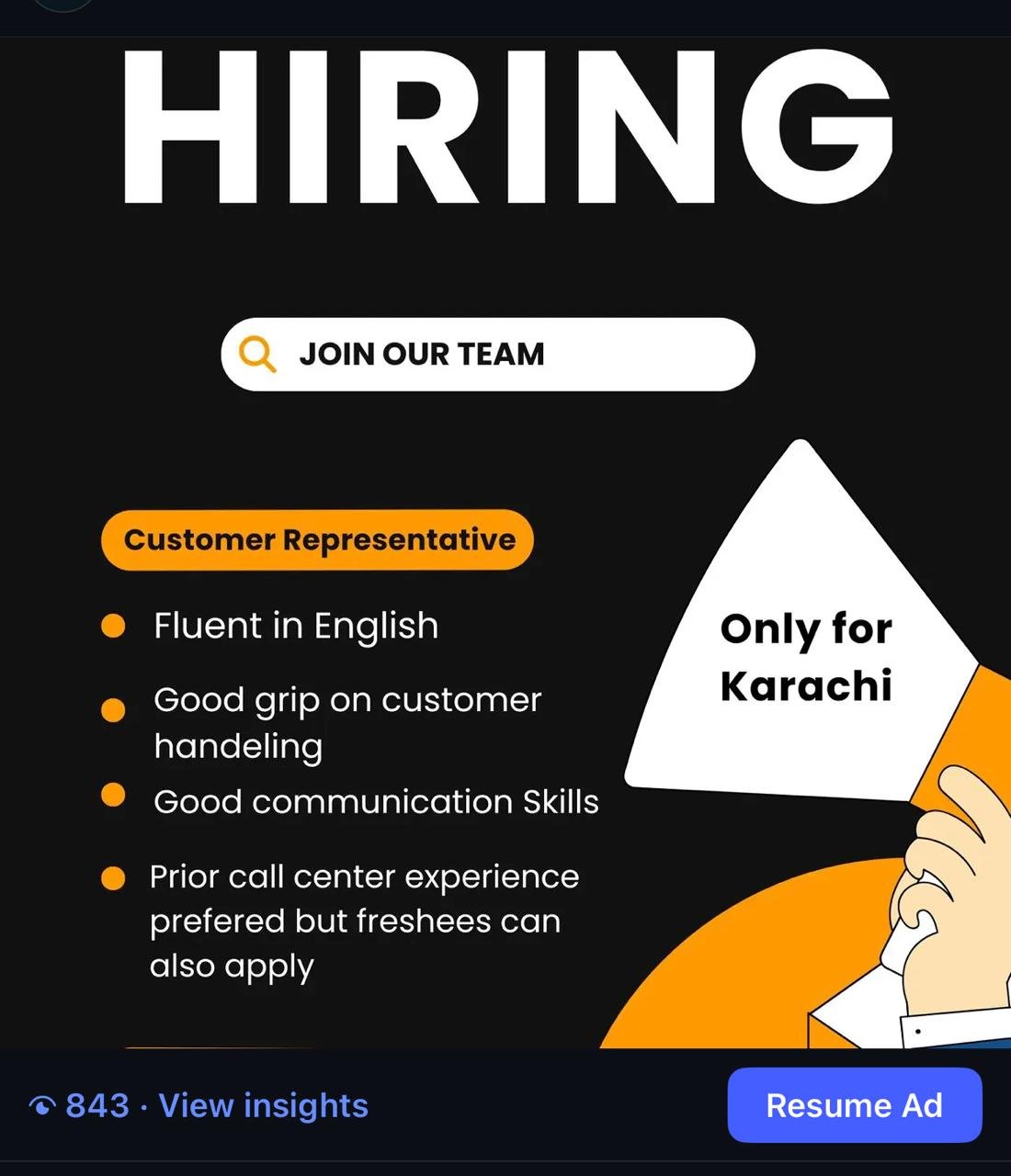 Hiring creative — Customer Representative, Karachi only