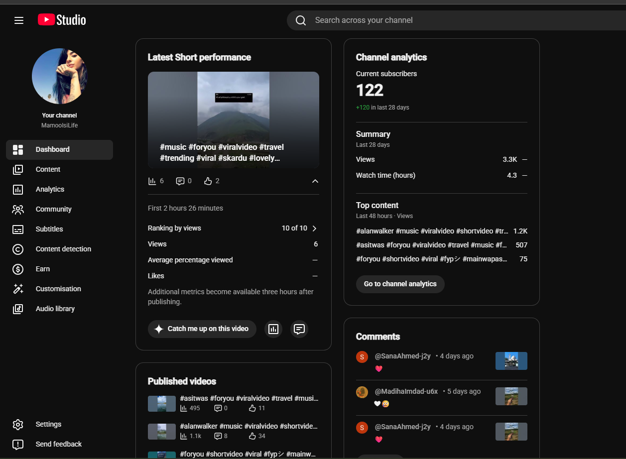 YouTube Studio dashboard for MamoolsiLife